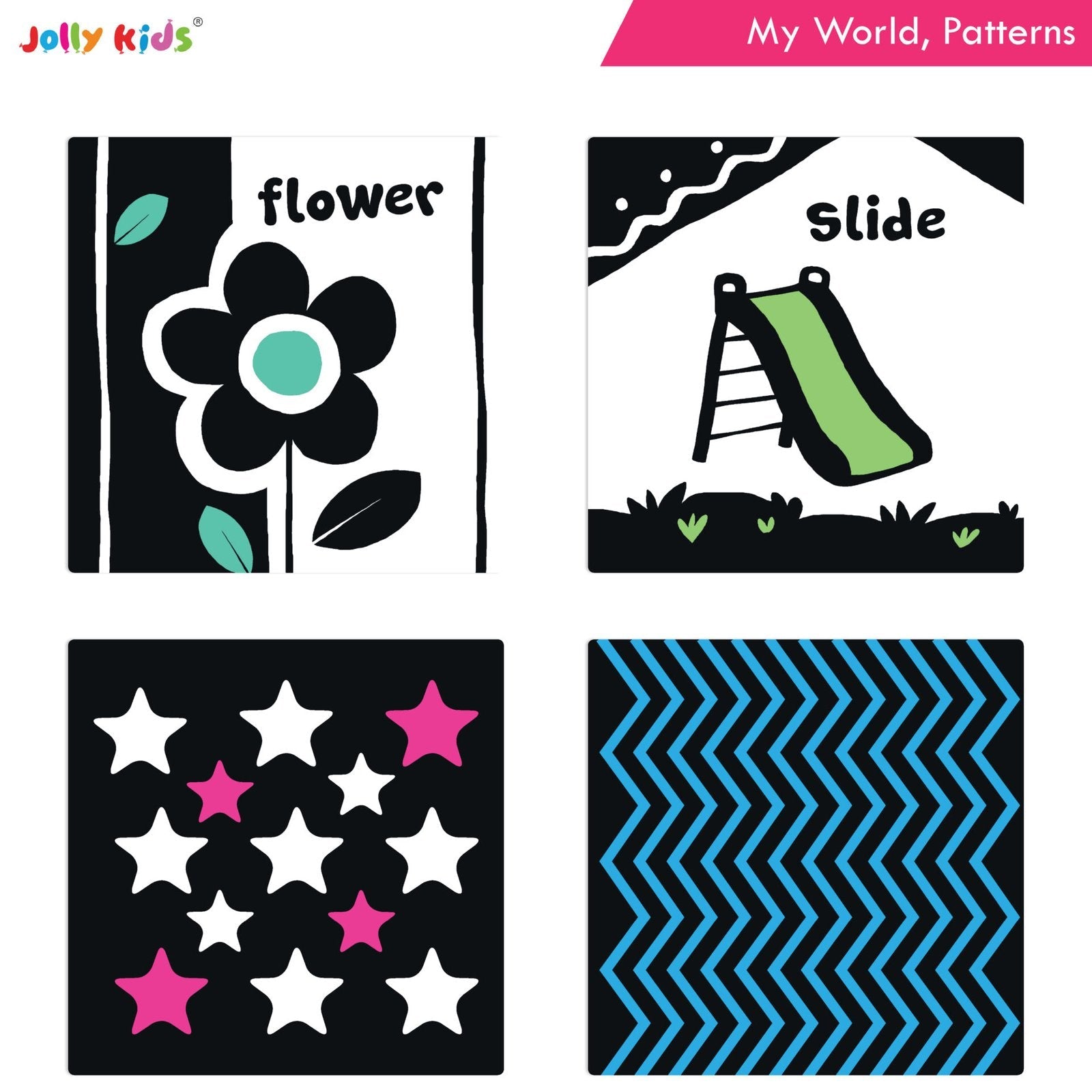Jolly Kids Baby's First High Contrast Board Books (Set of 4)| Black and White Board Books For Kids Ages 0 - 3 Years - Swadesiicart