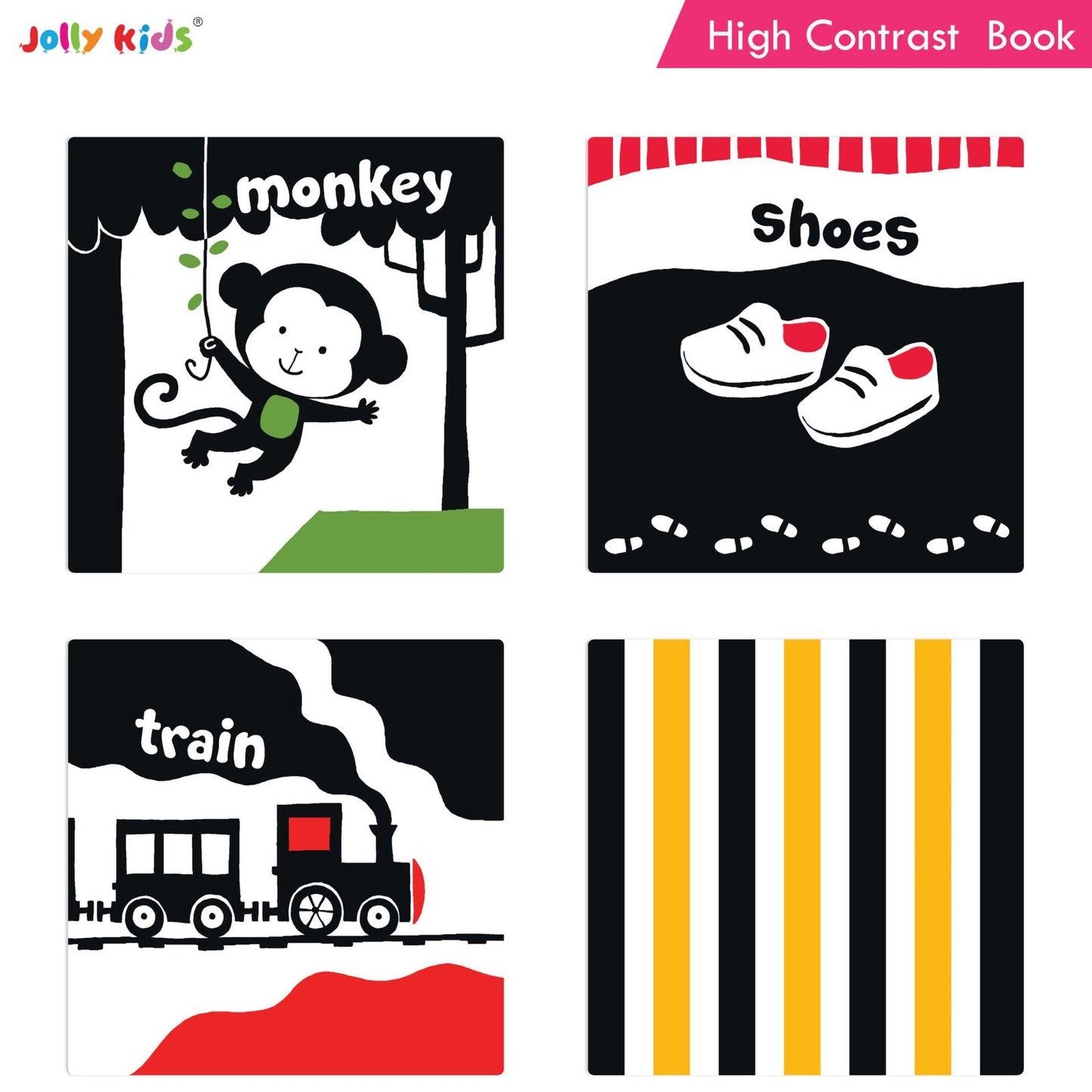 Jolly Kids Baby's First High Contrast Board Books (Set of 4)| Black and White Board Books For Kids Ages 0 - 3 Years - Swadesiicart