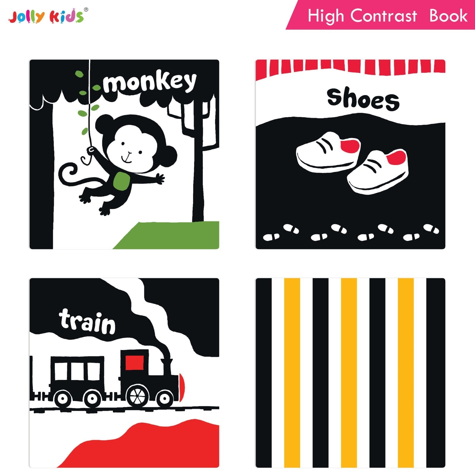 Jolly Kids Baby's First High Contrast Board Books (Set of 4)| Black and White Board Books For Kids Ages 0 - 3 Years - Swadesiicart