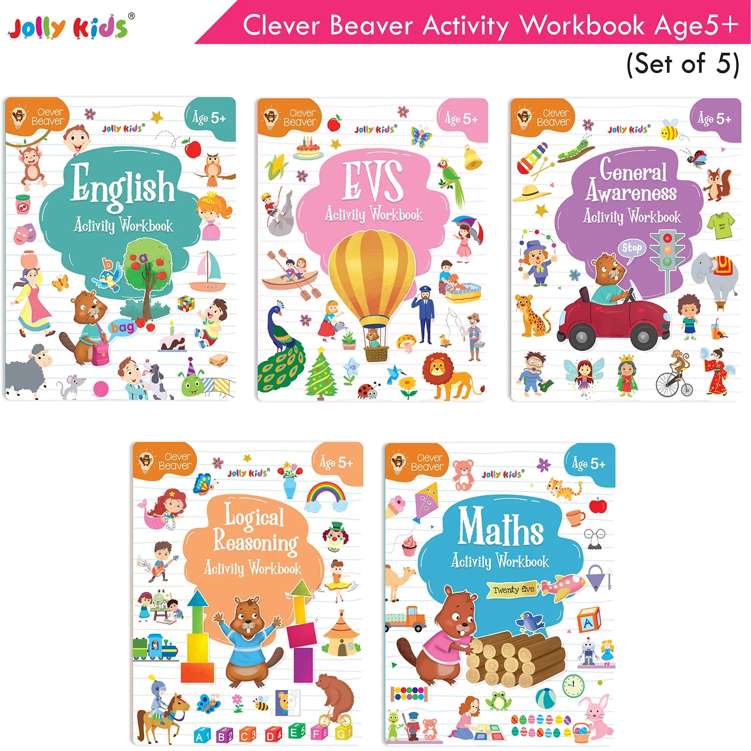 Jolly Kids Clever Beaver Ages 5-6 Years Fun Learning Activities Workbooks Set of 4| English-Maths-EVS-Good Habit-Logical Reasoning - Swadesiicart