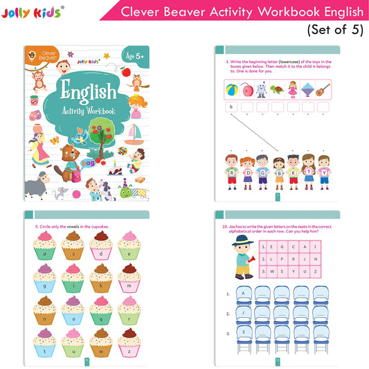 Jolly Kids Clever Beaver Ages 5-6 Years Fun Learning Activities Workbooks Set of 4| English-Maths-EVS-Good Habit-Logical Reasoning - Swadesiicart