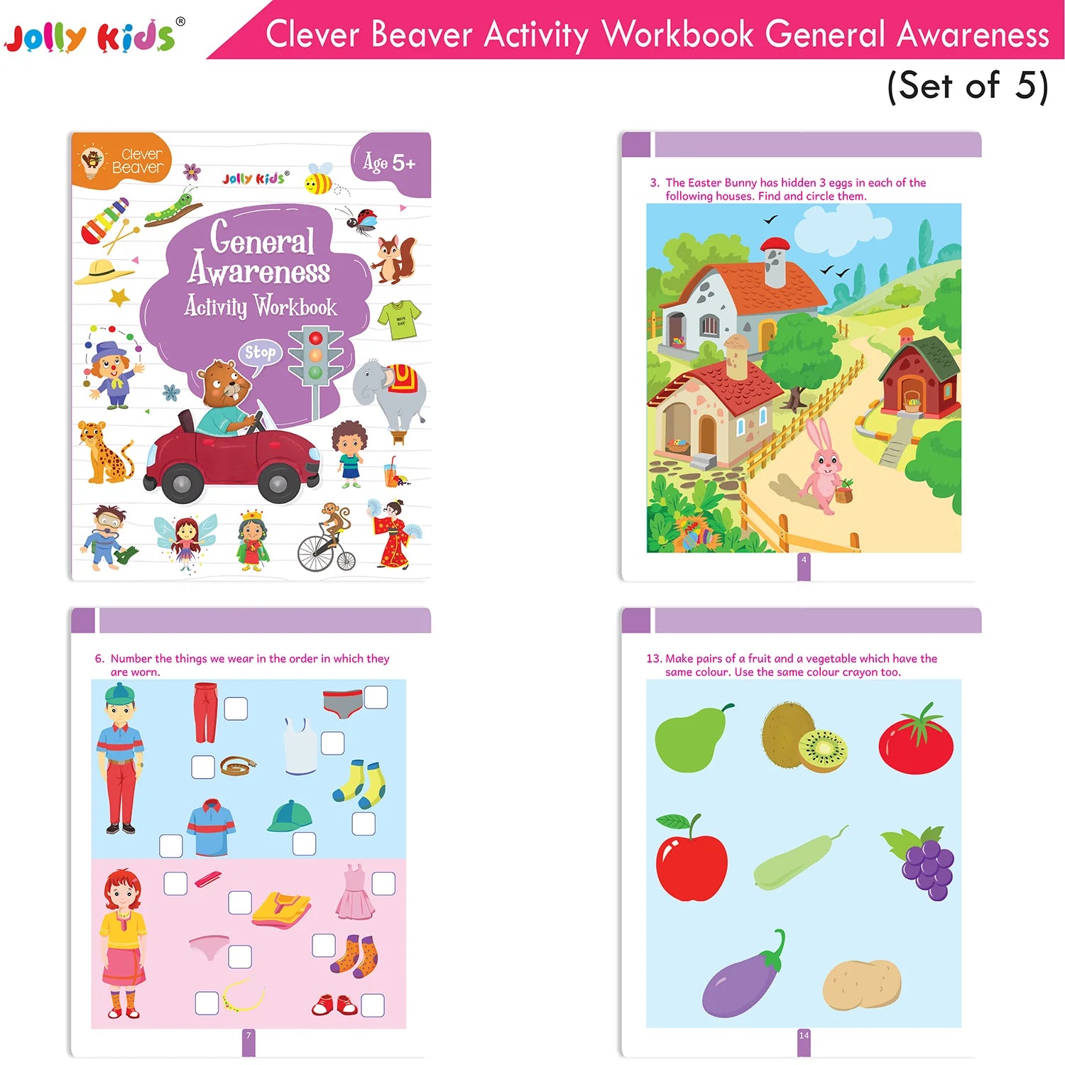 Jolly Kids Clever Beaver Ages 5-6 Years Fun Learning Activities Workbooks Set of 4| English-Maths-EVS-Good Habit-Logical Reasoning - Swadesiicart