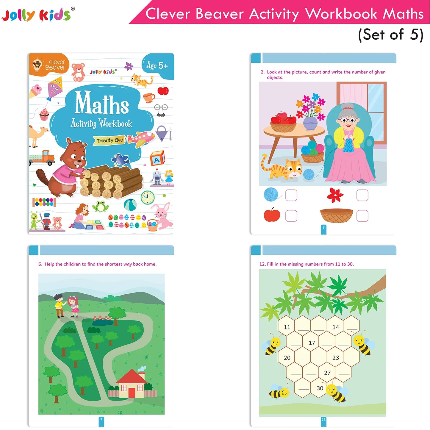 Jolly Kids Clever Beaver Ages 5-6 Years Fun Learning Activities Workbooks Set of 4| English-Maths-EVS-Good Habit-Logical Reasoning - Swadesiicart