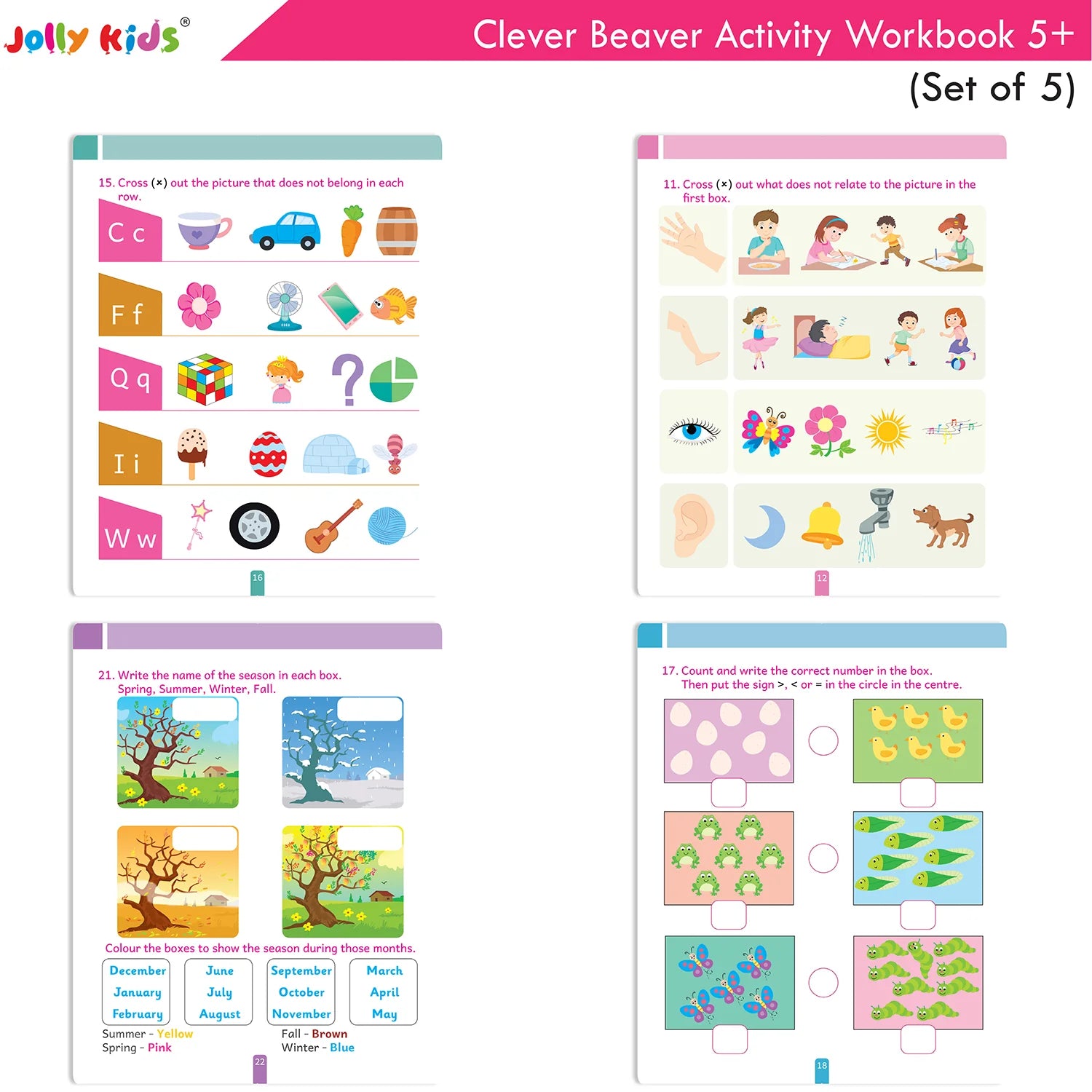 Jolly Kids Clever Beaver Ages 5-6 Years Fun Learning Activities Workbooks Set of 4| English-Maths-EVS-Good Habit-Logical Reasoning - Swadesiicart