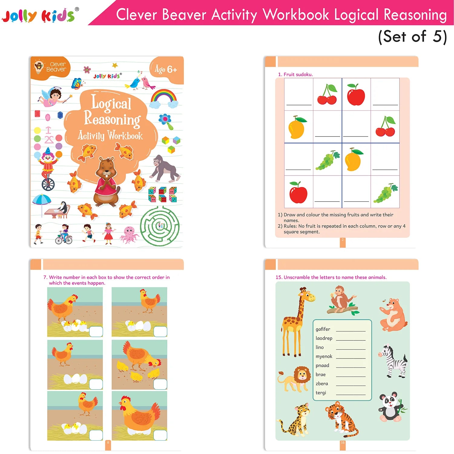 Jolly Kids Clever Beaver Ages 6-7 Years Fun Learning Activities Workbooks Set of 4| English-Maths-EVS-Good Habit-Logical Reasoning - Swadesiicart