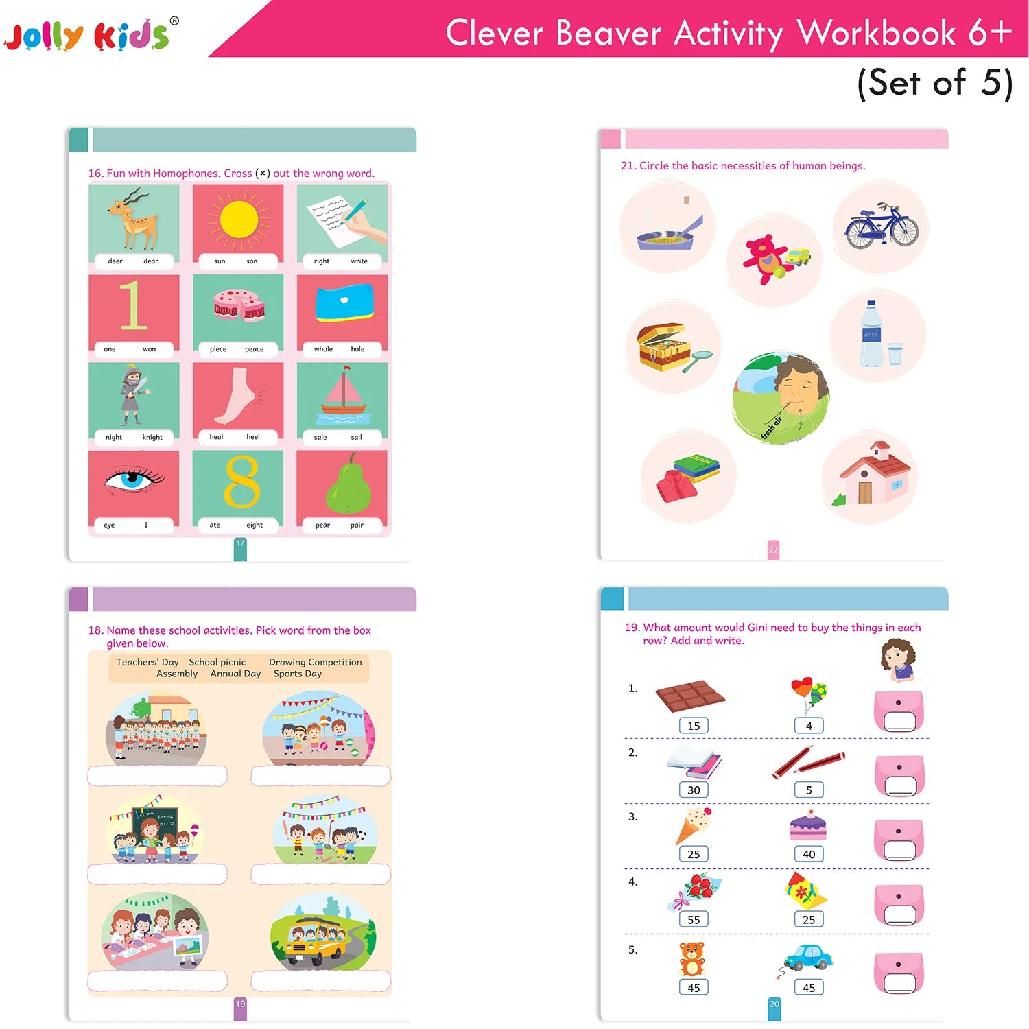 Jolly Kids Clever Beaver Ages 6-7 Years Fun Learning Activities Workbooks Set of 4| English-Maths-EVS-Good Habit-Logical Reasoning - Swadesiicart