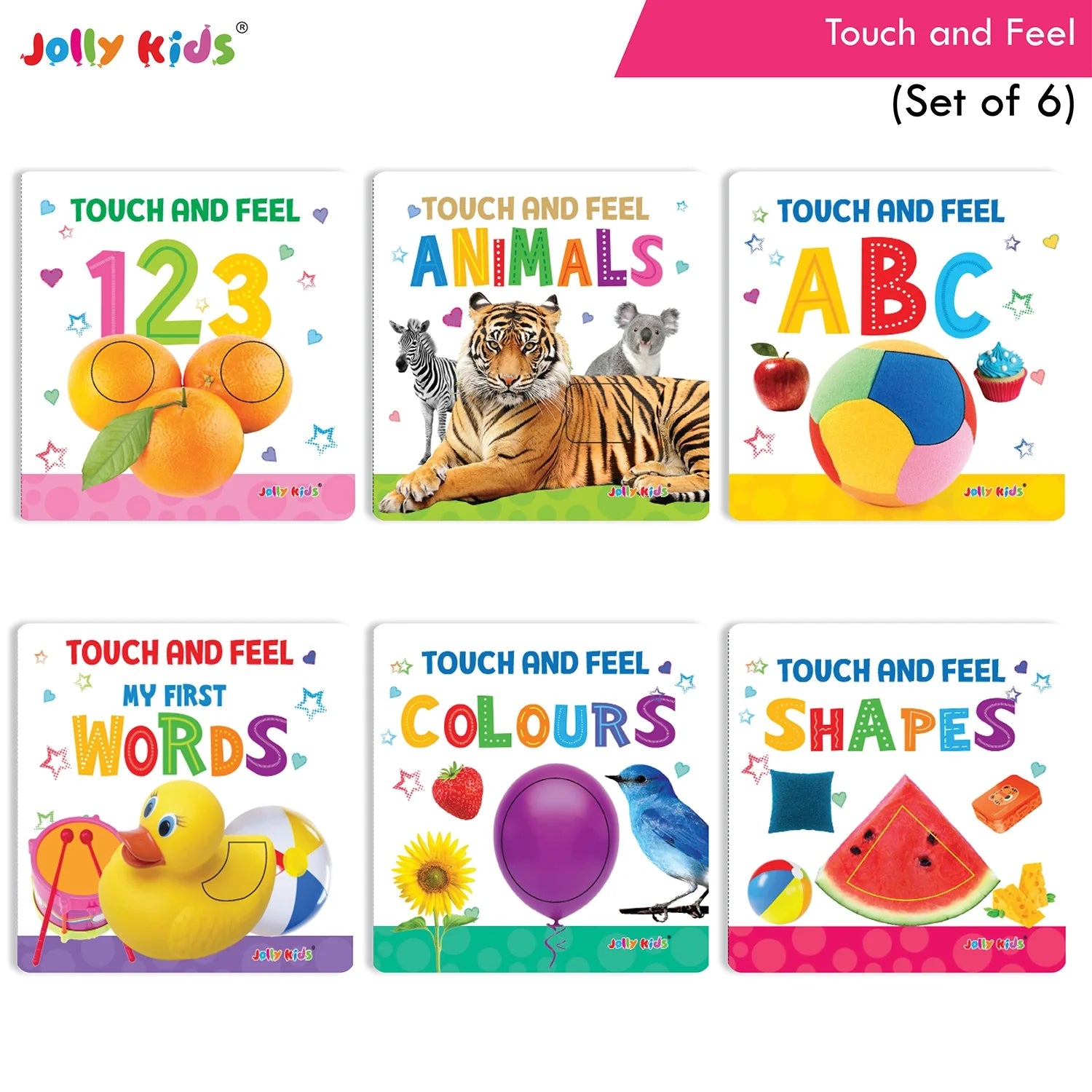 Jolly Kids Touch and Feel Picture Learning Sensory Development Padded Board Books Set of 6 for Infants, Toddlers Gift Ages 0-12 Months - Swadesiicart