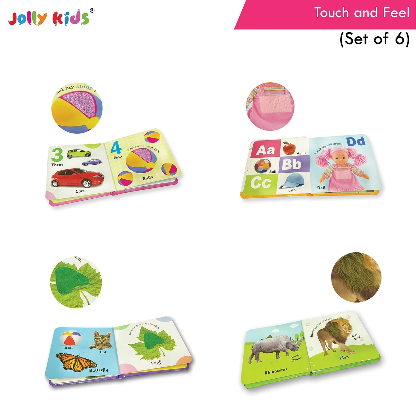 Jolly Kids Touch and Feel Picture Learning Sensory Development Padded Board Books Set of 6 for Infants, Toddlers Gift Ages 0-12 Months - Swadesiicart