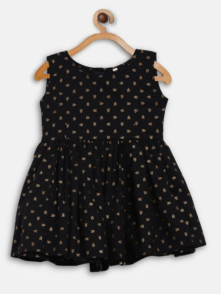 Ahalyaa Black Cotton Gold Print Kids Kurta Sharara Sets For Girls | Swadesiicart