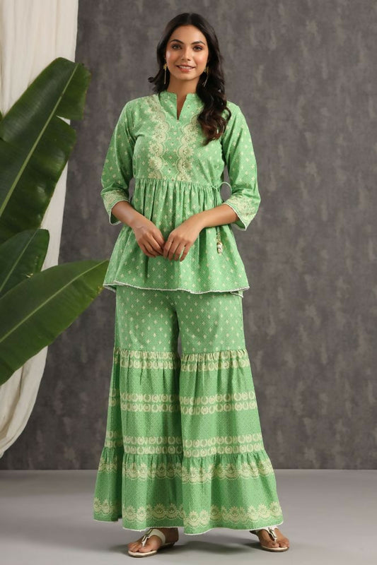Juniper Green Ethnic Motif Printed Pure Cotton Tunic & Sharara With Sequins & Lace Detail - Swadesiicart