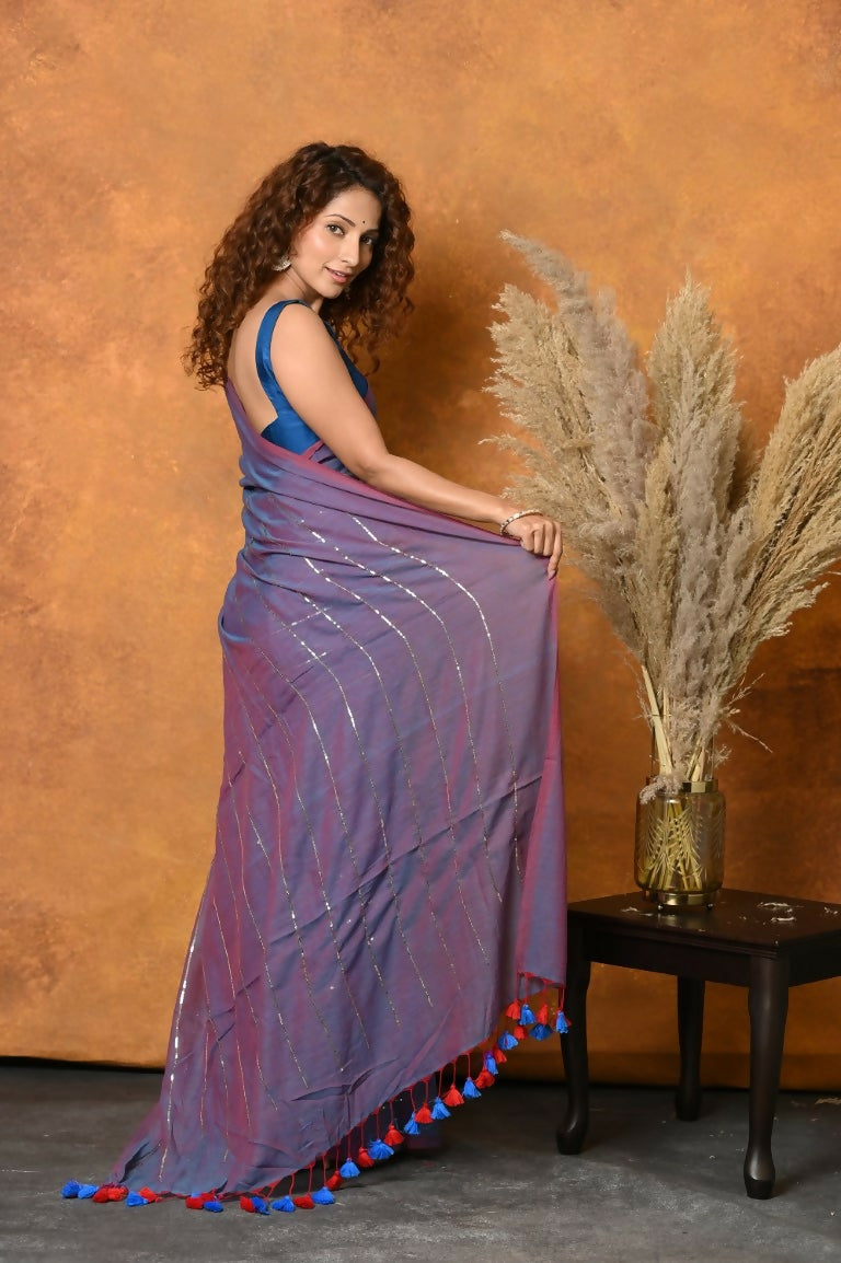 Very Much Indian Designer Mul Cotton Handloom Saree with Sequins - Purple | Swadesiicart