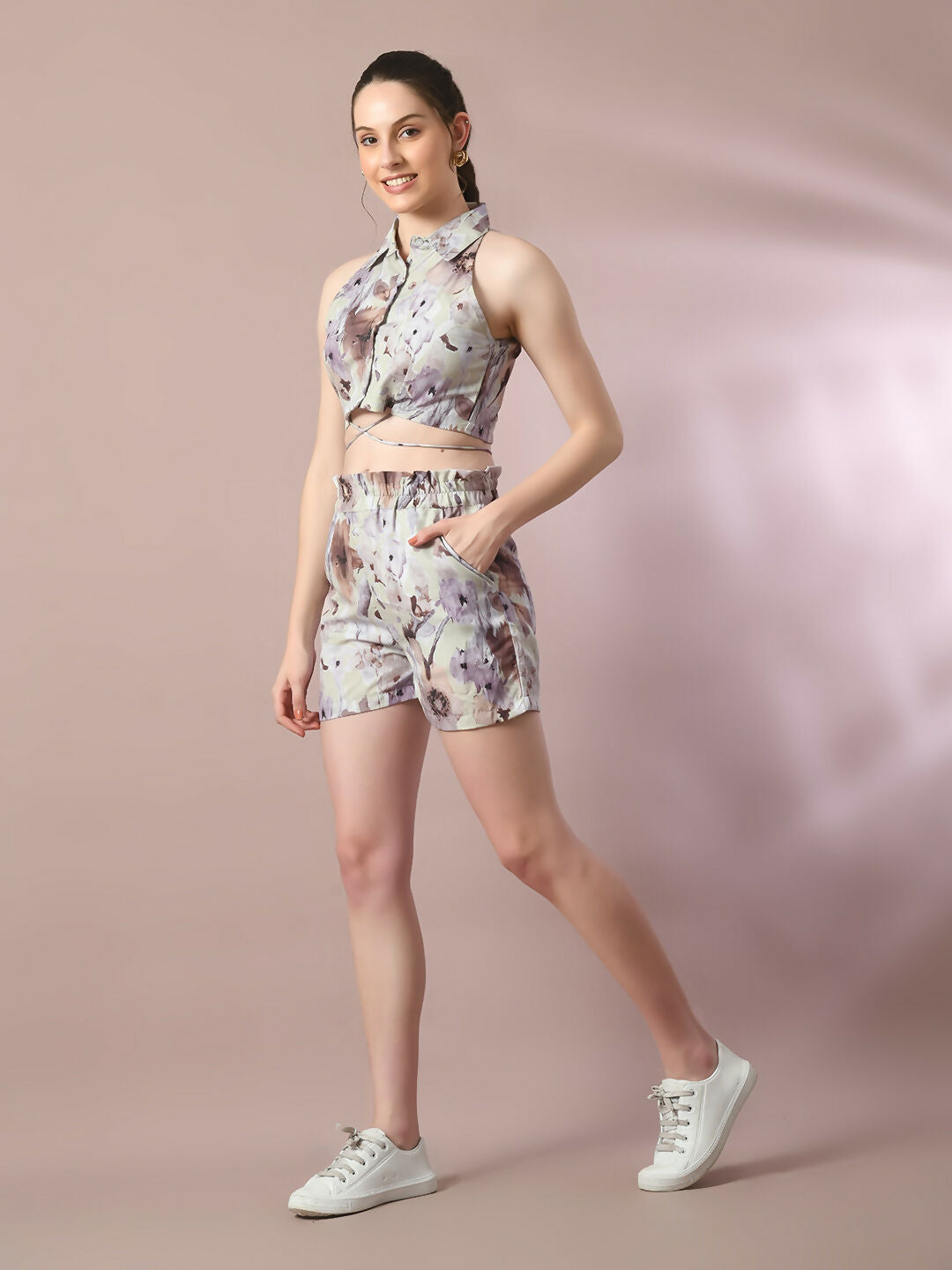 Myshka Women's Multi Printed Shirt Collar Party Top With Shorts Co-ord set - Swadesiicart