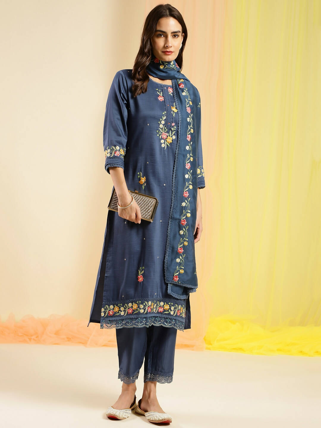 Blue Chinon Embroidered Straight Kurta with Trouser & Dupatta - Salimar