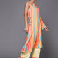 Ahalyaa Peach-Coloured & Blue Printed Striped Asymmetric Taselled Kaftan Kurta Palazzos | Swadesiicart