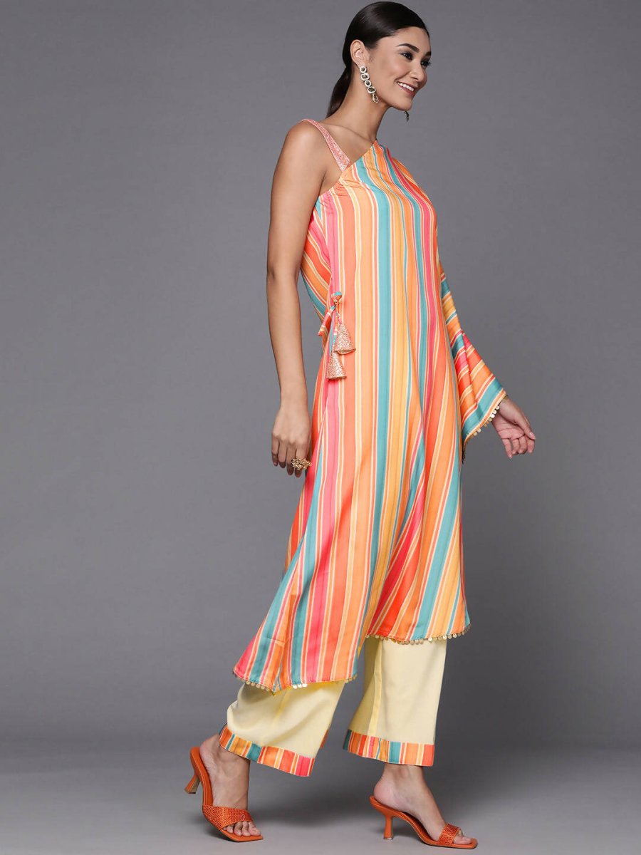 Ahalyaa Peach-Coloured & Blue Printed Striped Asymmetric Taselled Kaftan Kurta Palazzos | Swadesiicart