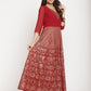 Ahalyaa Women's Maroon Georgette Gold Foil Print Flared Kurta With Dupatta | Swadesiicart
