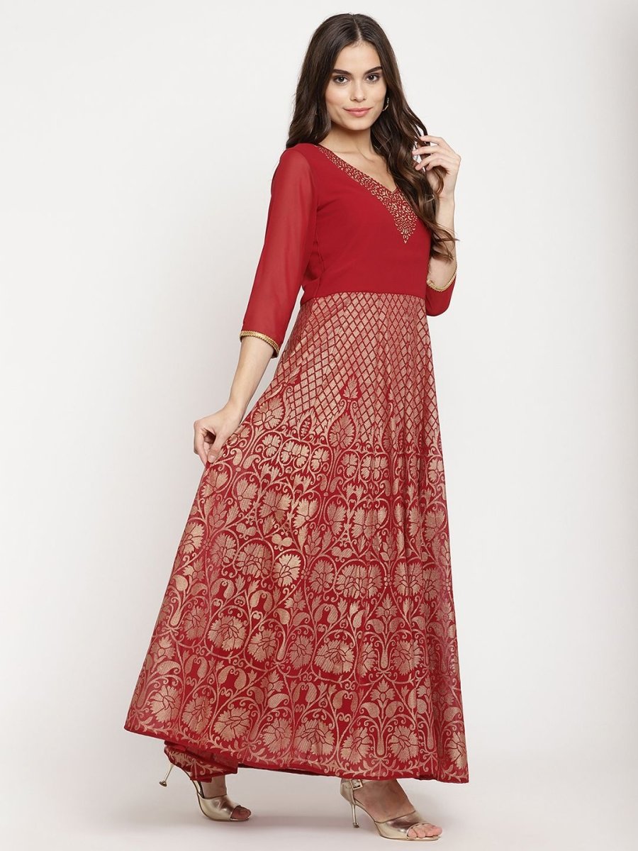 Ahalyaa Women's Maroon Georgette Gold Foil Print Flared Kurta With Dupatta | Swadesiicart