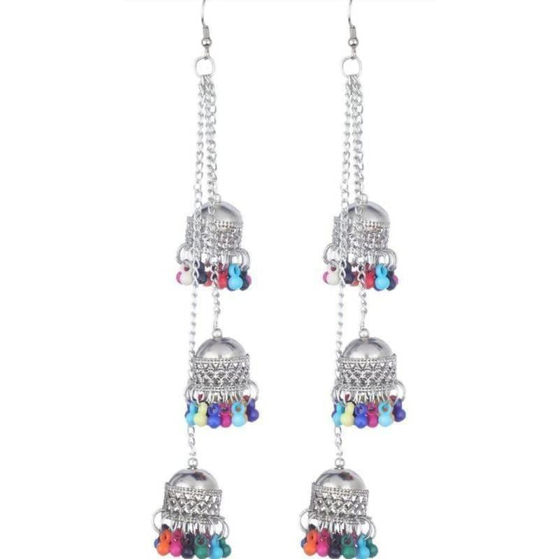 MS Fashion India Antique Triple Afghani Kashmiri Tribal Oxidized Long Chain Jhumka Earrings | Swadesiicart