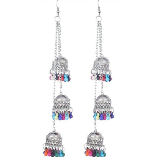MS Fashion India Antique Triple Afghani Kashmiri Tribal Oxidized Long Chain Jhumka Earrings | Swadesiicart