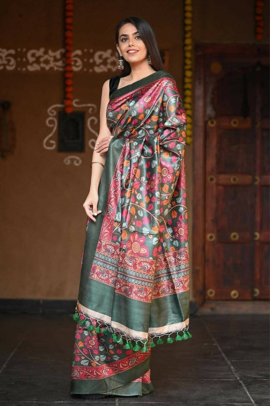 Very Much Indian Handloom Pure Tussar Silk With Floral Prints - Green | Swadesiicart