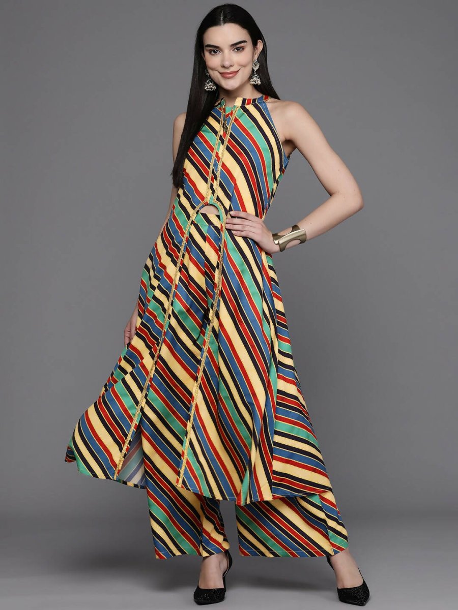 Ahalyaa Women Striped High Slit Kurta with Palazzos - Green Color | Swadesiicart