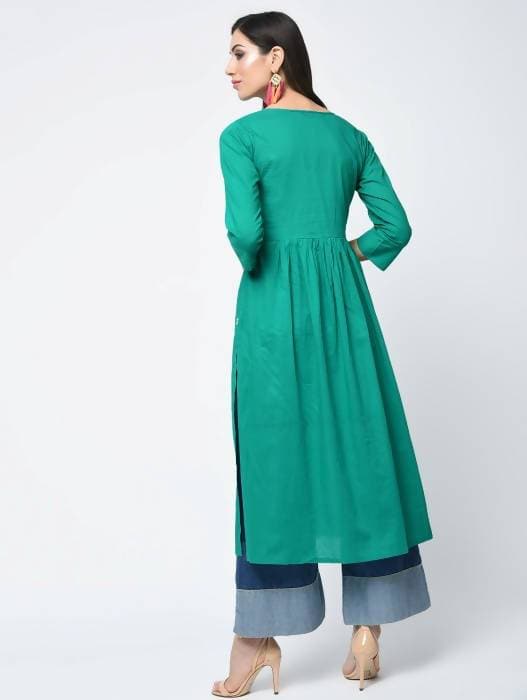 Aniyah Cotton Solid Flared Kurta With Key Hole Neck In Turquoise (AN-104K) - Swadesiicart