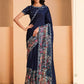 Blue Satin Crepe Silk Sequence Embroidered Saree With Unstitched Blouse - Mohmanthan Yavanika