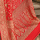 Joban Fashion Red Crepe Chiffon Banarasi Pure Handloom Banarasi Silk Saree | Swadesiicart