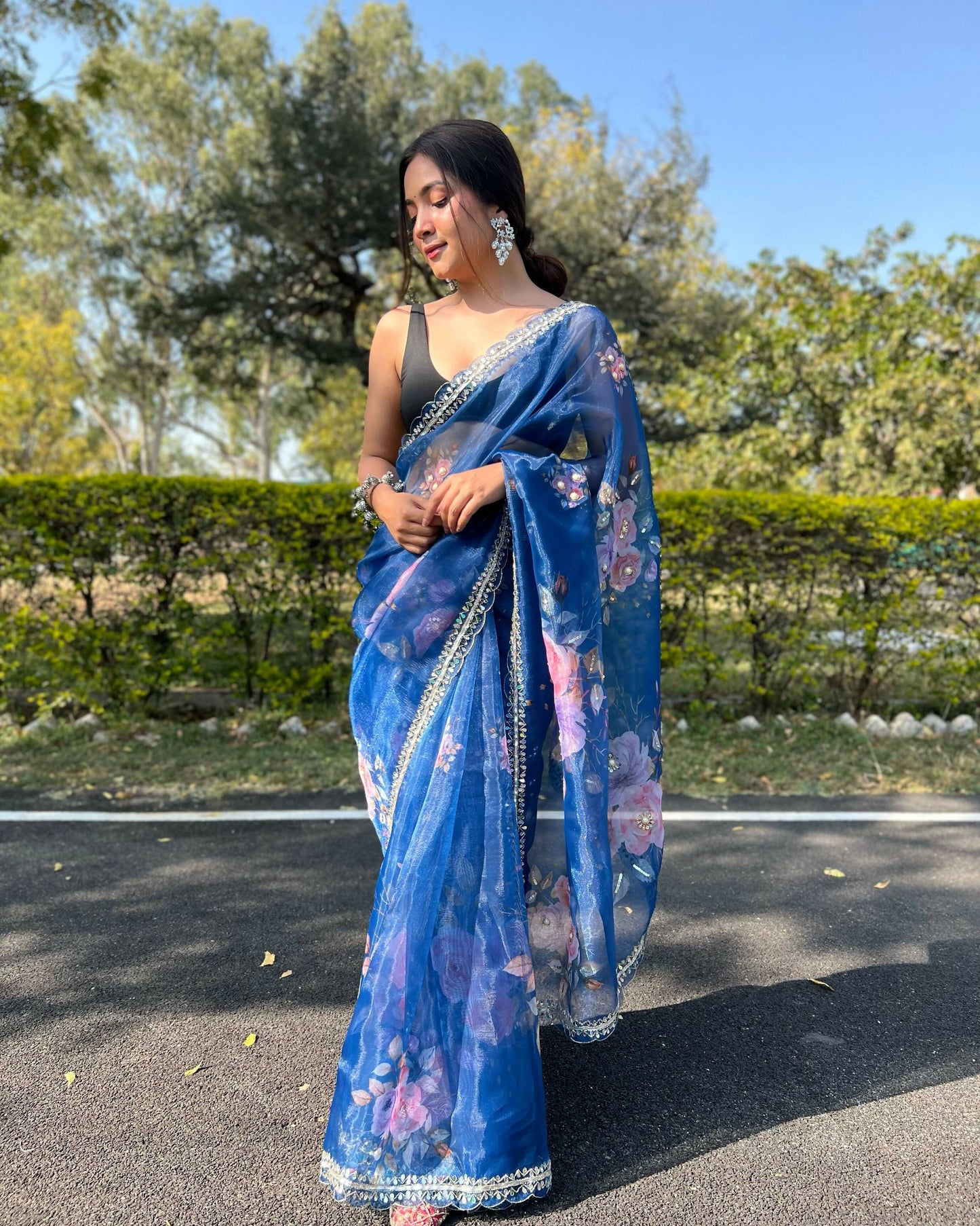 Vamsee Sia Blue Organza Saree - Swadesiicart