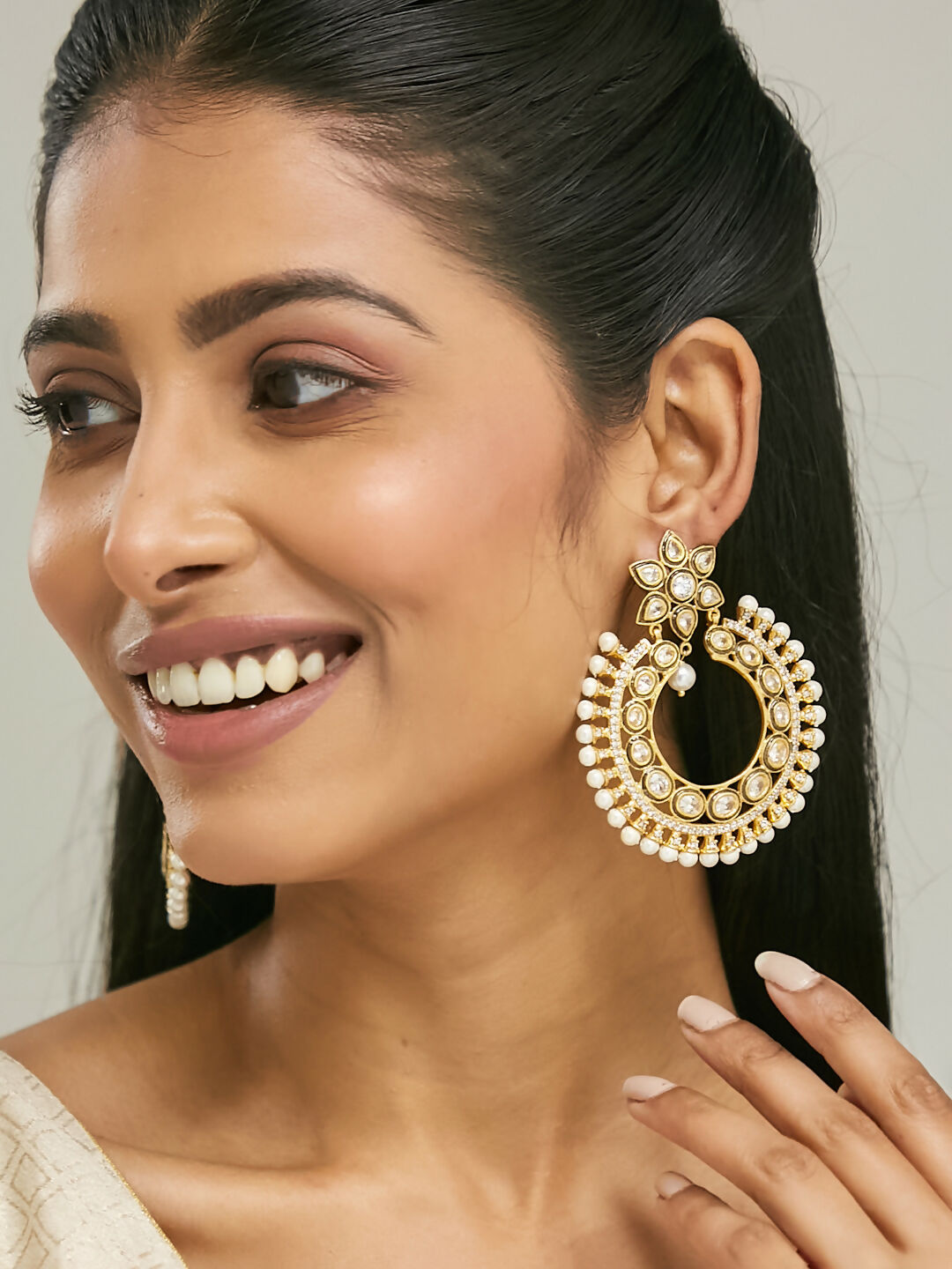 Nuyug 22K Gold-Plated Kundan Studded & Pearl Beaded Floral Chandbali Earrings | Swadesiicart