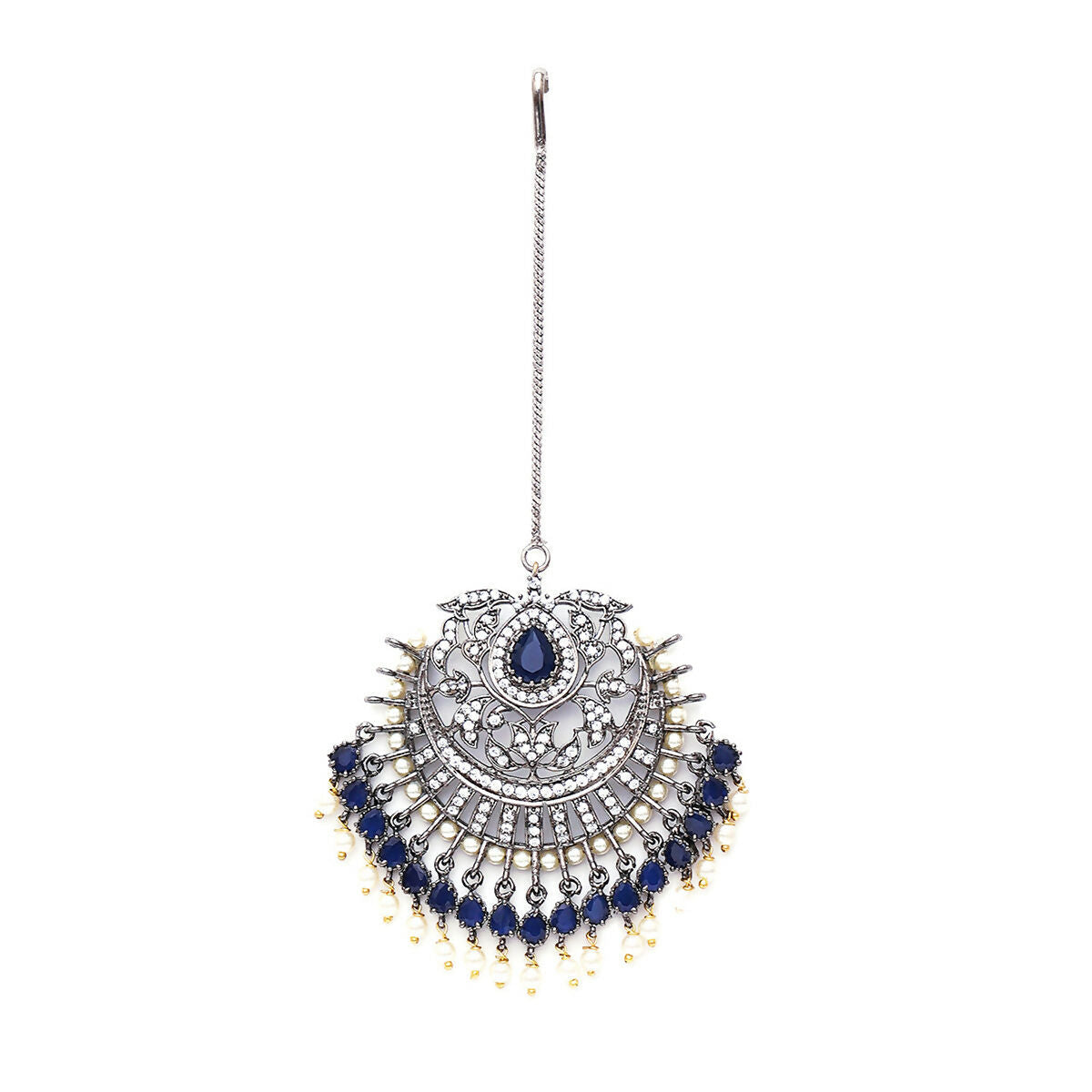 Oversized Diamond & Blue Stone Maang Tikka- Ruby Raang | Swadesiicart