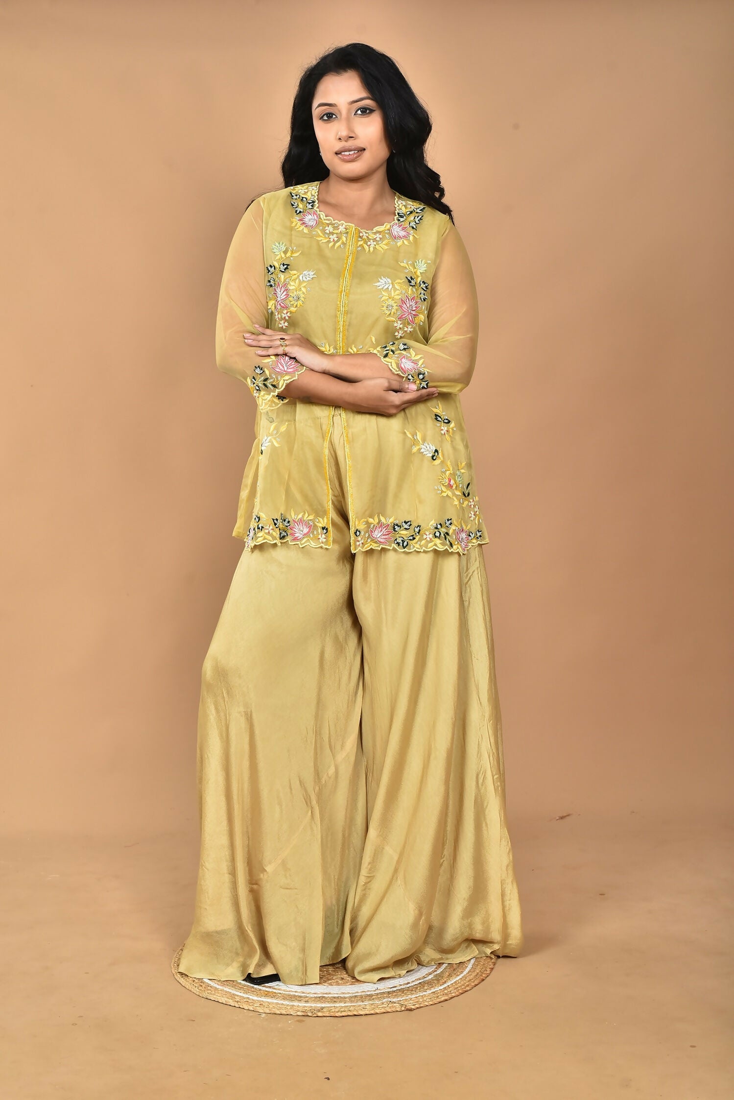 Morchari Women And Hand Embroidery Palazzo Set-Mustard - Swadesiicart