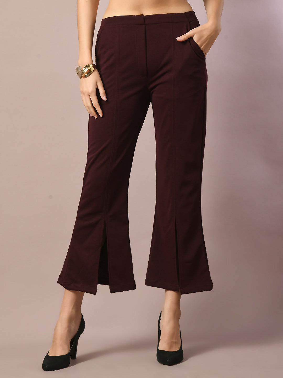 Myshka Women's Coffee Brown Solid Boat Neck Party Top With Trousers Co-ord set - Swadesiicart