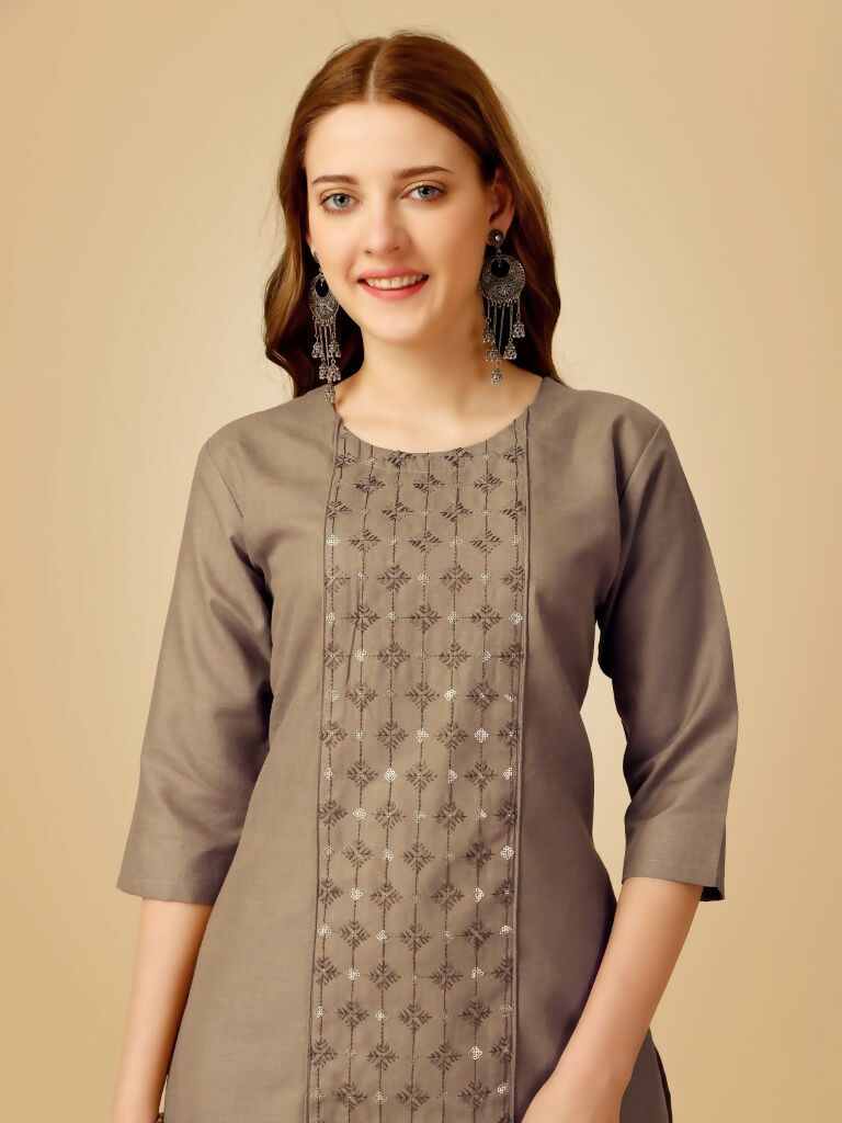 Jyoti Fashion Women's Khaki Cotton Blend Embroidered Kurta Pant Set | Swadesiicart