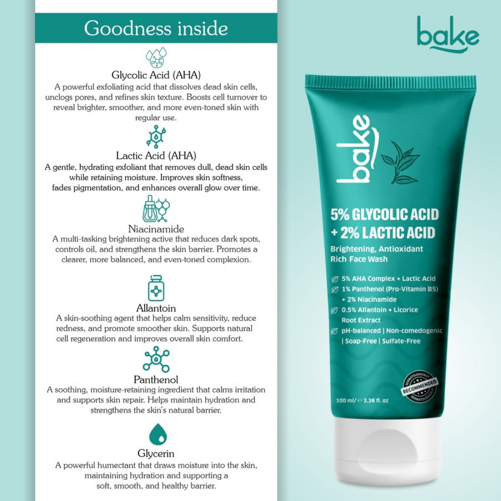 Bake 5% Glycolic Acid + 2% Lactic Acid Daily Face Wash | Swadesiicart