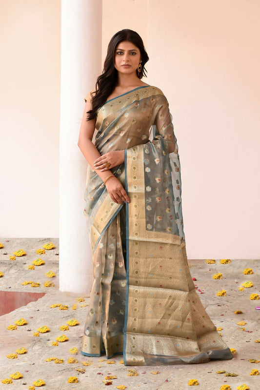 Joban Fashion Grey Pure Banarasi Tissue Saree | Swadesiicart