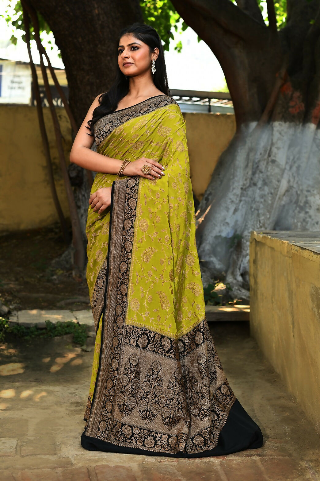 Joban Fashion Green Crepe Chiffon Pure Handloom Banarasi Silk Saree | Swadesiicart