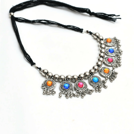 Mominos Fashion Johar Kamal Women Oxidised Silver-Plated Brass Finish Kundan Choker (Multi) | Swadesiicart