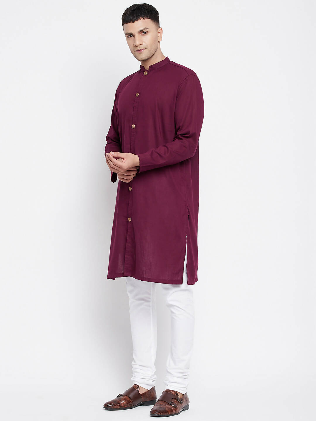 Even Apparels Maroon Pure Cotton Men's Sherwani Kurta With Open Front | Swadesiicart