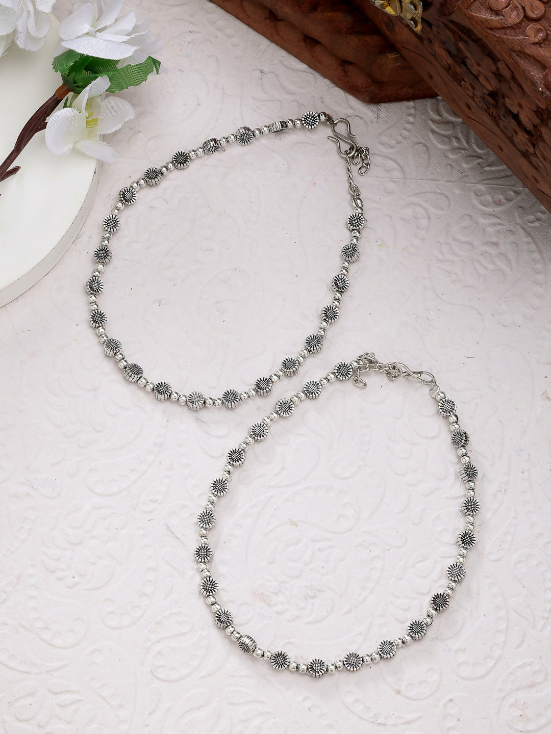 NVR Women's Set of 2 Silver-Plated German Silver Anklets | Swadesiicart