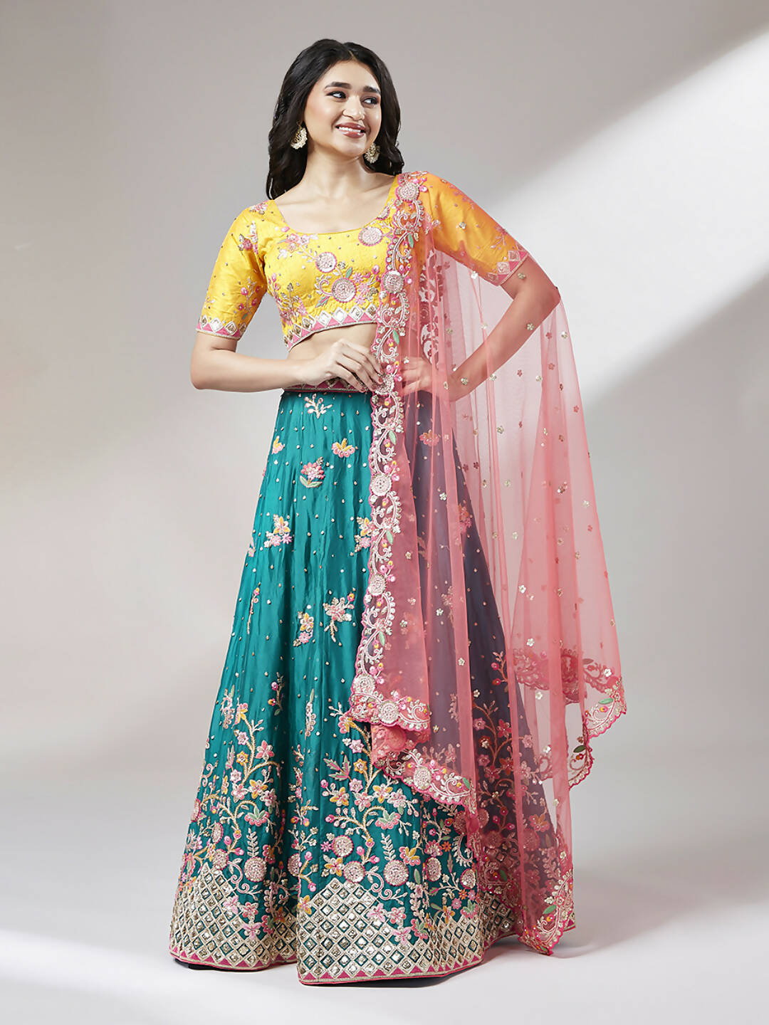 House of Panchhi Teal Pure Georgette Sequinse Work Lehenga & Blouse with Dupatta | Swadesiicart
