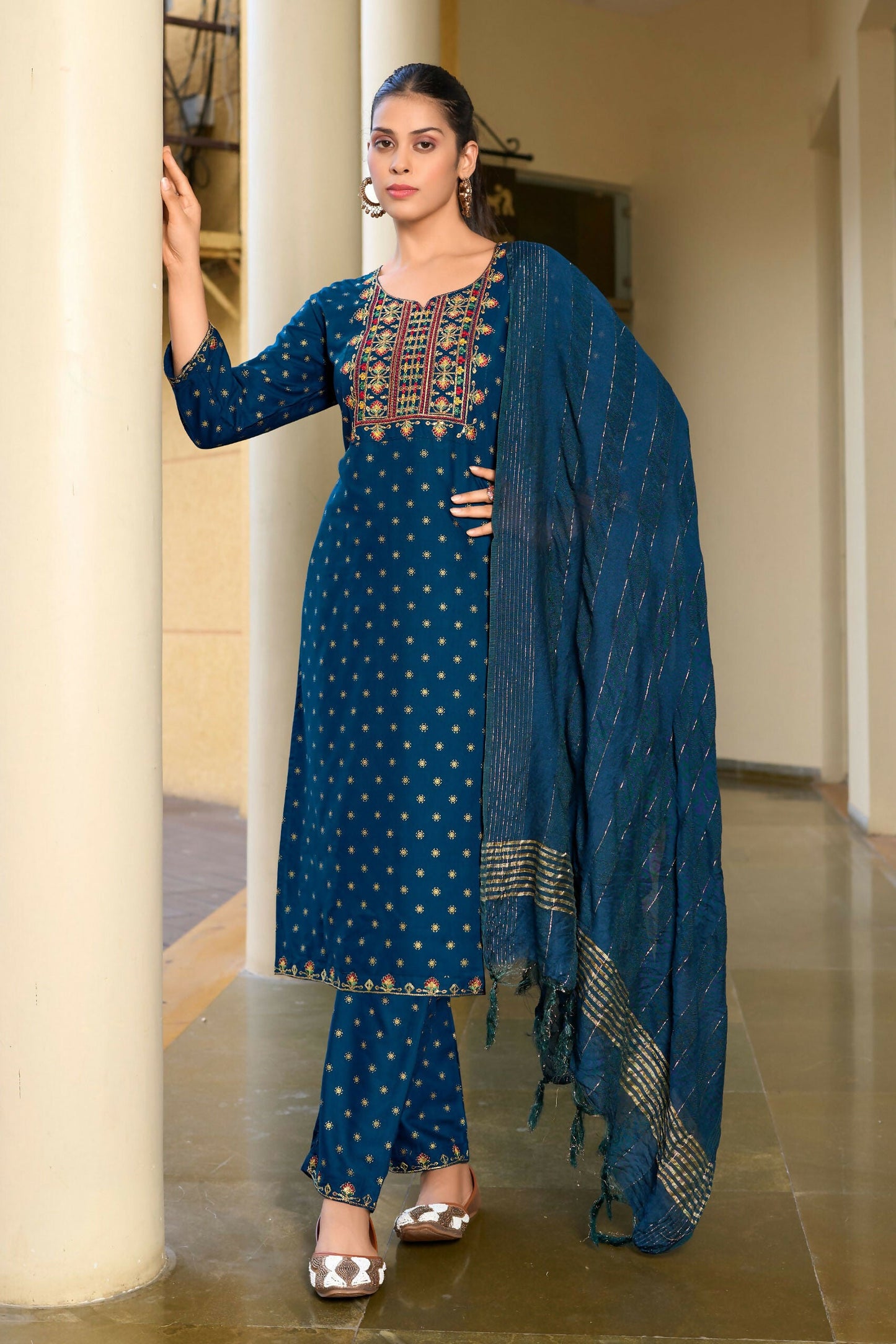 Jyoti Fashion Women's Morpich 14KG Rayon Foil Print with Embroidery Kurta Set | Swadesiicart