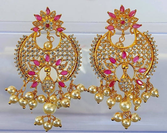 AD Ruby Designer Hanging Pearls Earrings | Swadesiicart