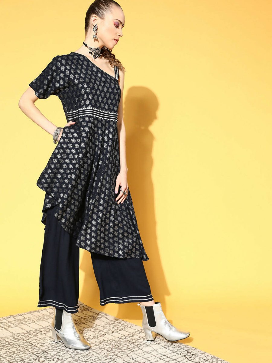 Ahalyaa Women Navy Blue Colour Rayon Silver Foil Printed Top Palazzo Set | Swadesiicart