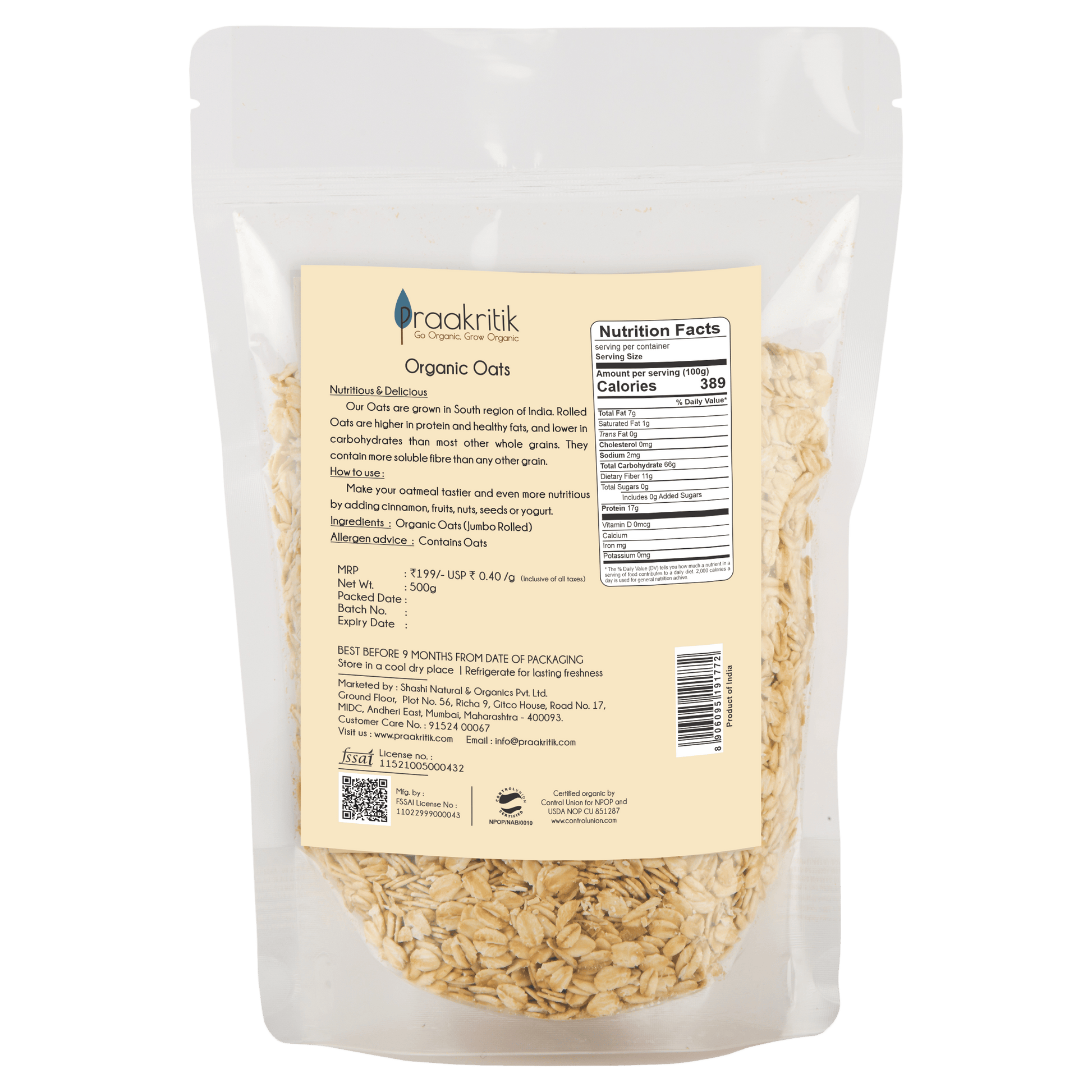 Prakritik Organic Jumbo Rolled Oats - Swadesiicart