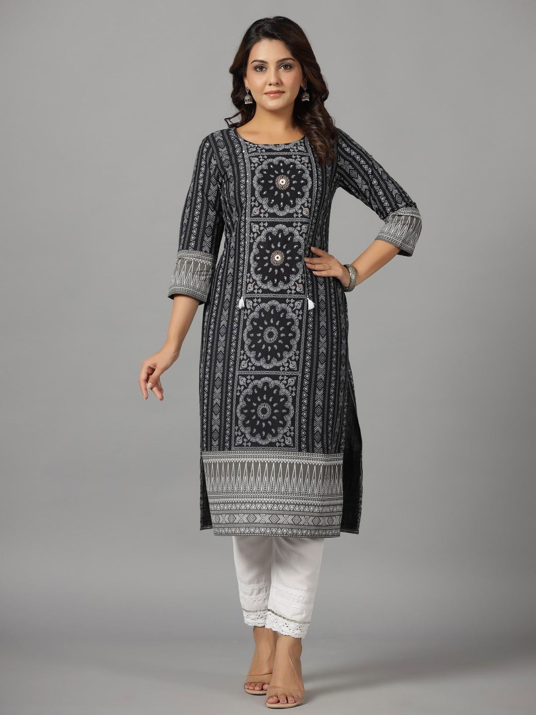 Juniper Women's Black Ethnic Motif Printed Rayon Slub Kurta With Beads & Sequins Work - Swadesiicart