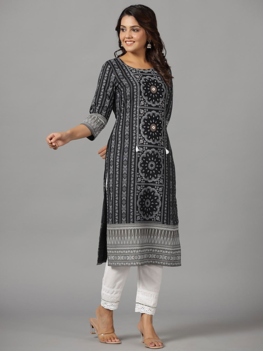 Juniper Women's Black Ethnic Motif Printed Rayon Slub Kurta With Beads & Sequins Work - Swadesiicart