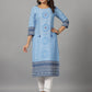 Juniper Women's Blue Ethnic Motif Printed Rayon Slub Kurta With Beads & Sequins - Swadesiicart