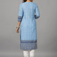 Juniper Women's Blue Ethnic Motif Printed Rayon Slub Kurta With Beads & Sequins - Swadesiicart