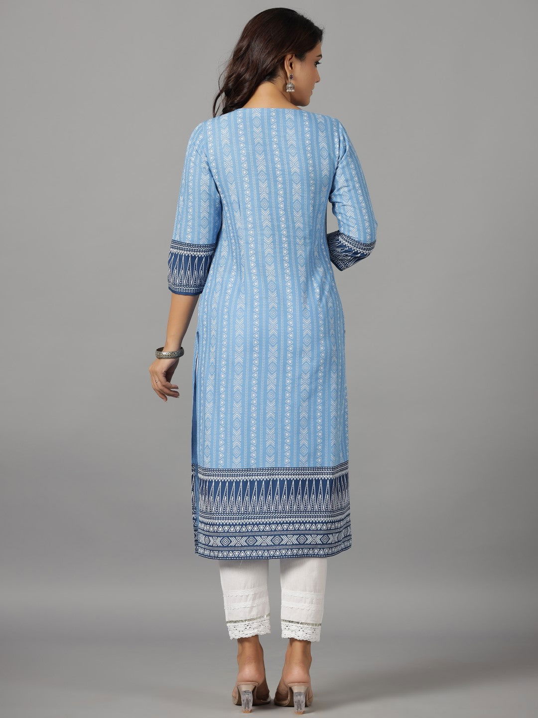Juniper Women's Blue Ethnic Motif Printed Rayon Slub Kurta With Beads & Sequins - Swadesiicart